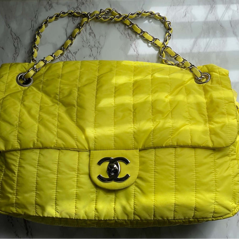 Authentic Chanel Soft Shell Flap Vertical Nylon Medium. Rare Light Yellow